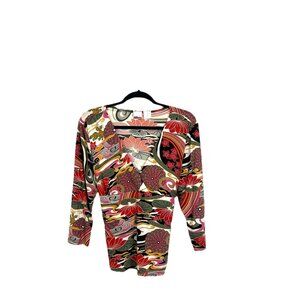 Xhilaration Top Sz XL Black Pink Green Floral V Neck Tie Back Stretch 90s Y2K